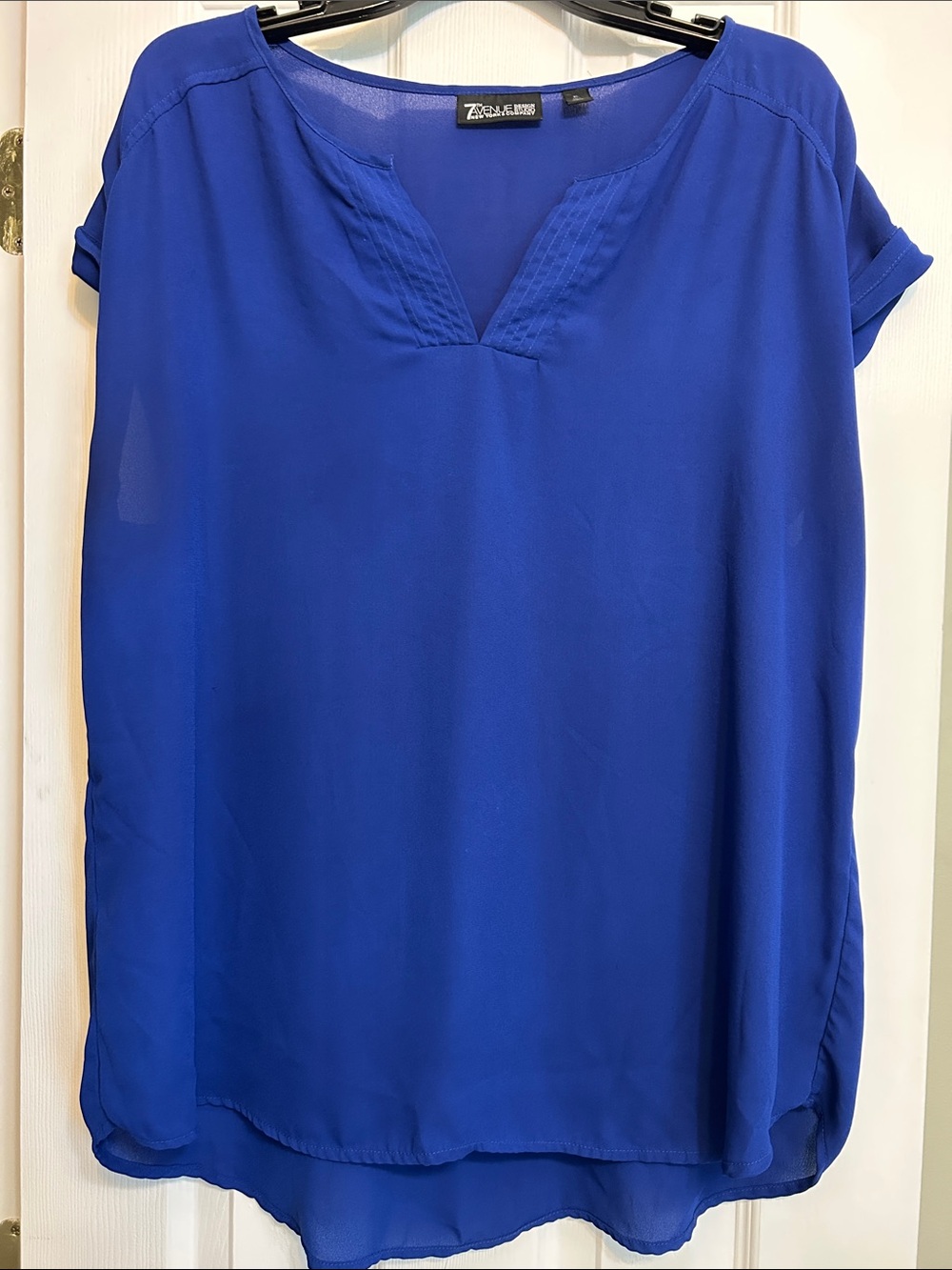 New York & Company 7thAvenue Cobalt Blue Split-Neck Short Sleeve Blouse